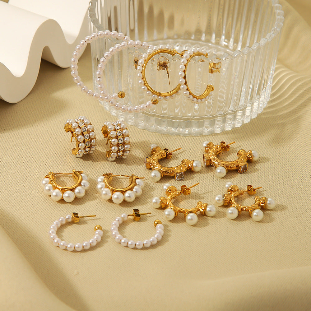 INS Style Geometric Stainless Steel Ear Cuffs with Zirconia and Pearl Accents for Women