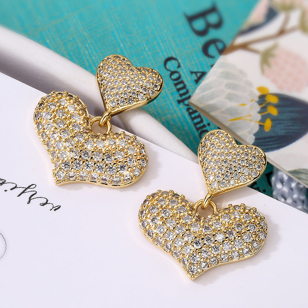 Geometric Heart-Shaped Copper Earrings with Real Gold Plating and Full Zirconia Accents for Women