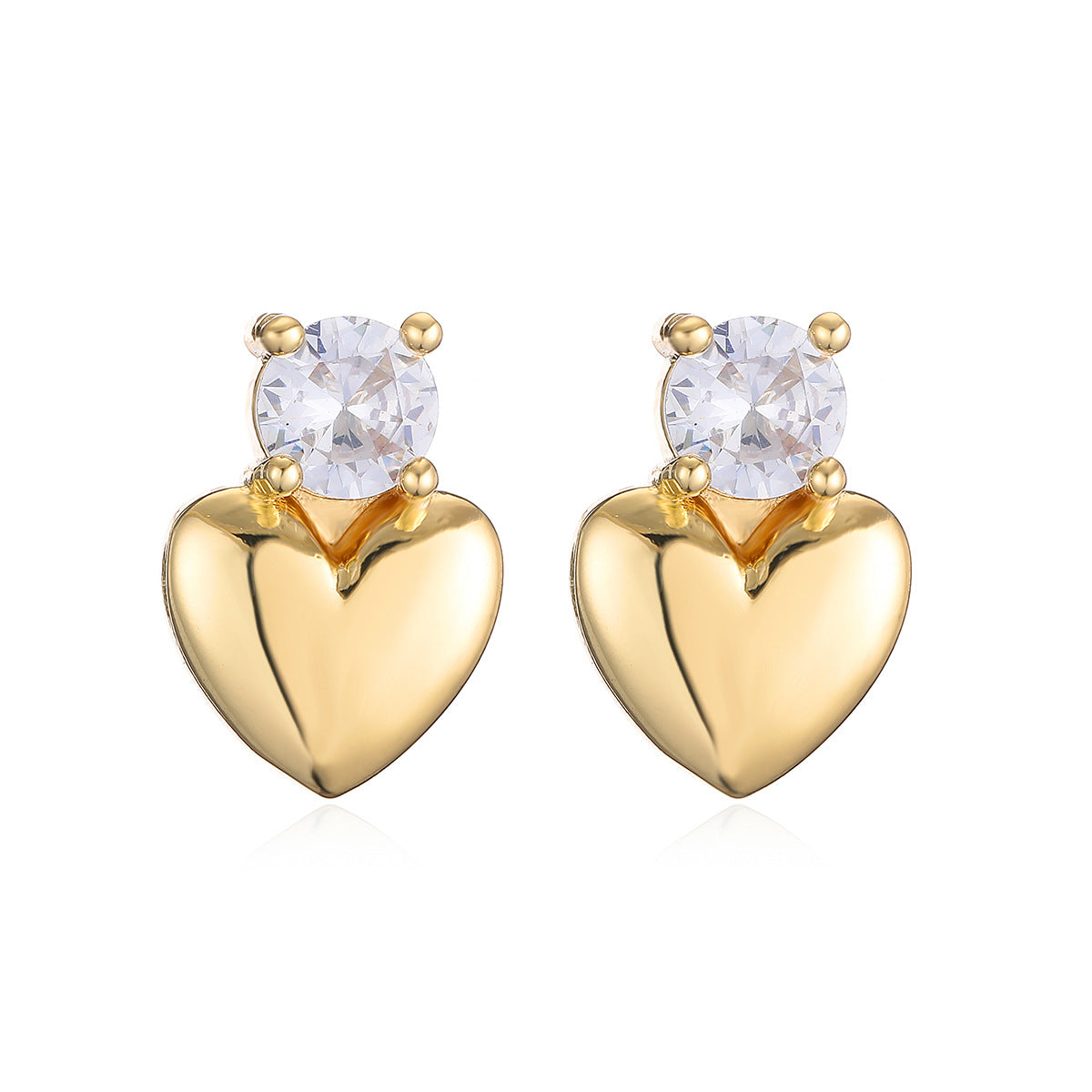 Minimalist 18K Gold Plated Brass Heart Stud Earrings with Cubic Zirconia for Women