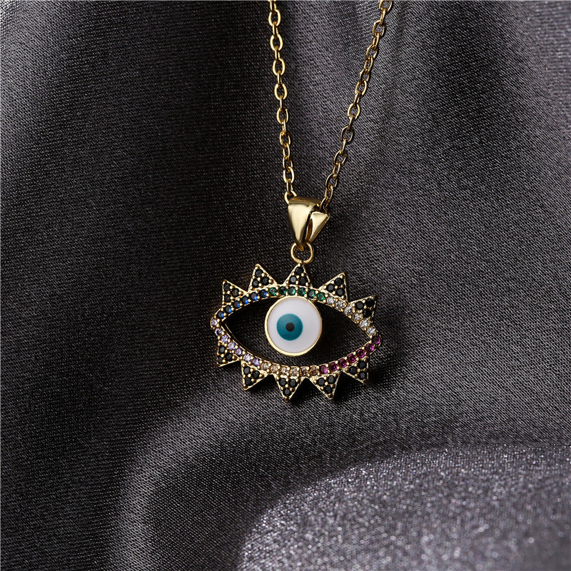 Geometric Brass Evil Eye Pendant Necklace with Micro-Inlaid Cubic Zirconia for Women