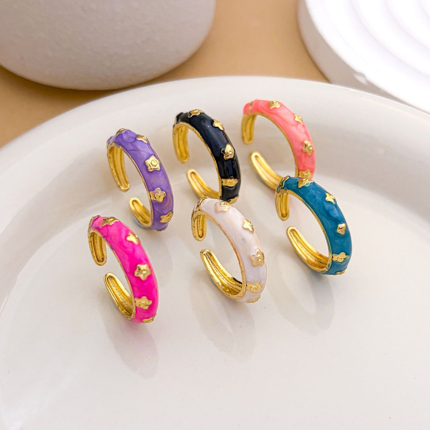 Vintage Sweet Gold Plated Brass Enamel Heart Adjustable Ring for Women