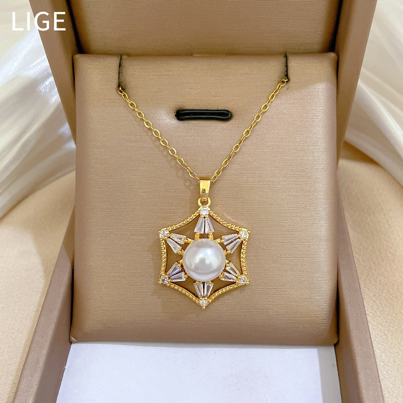 Luxury Titanium Steel Hexagonal Pearl Necklace and Earrings Set with Rhinestone Inlay for Women Formal Events