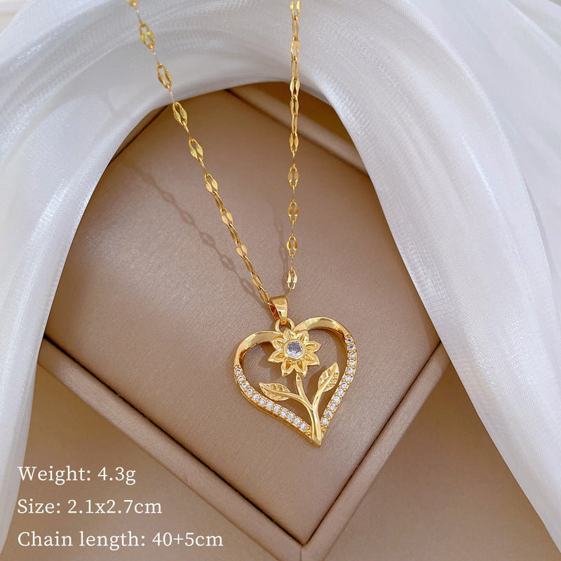 Luxury Minimalist Sweet Geometric Rhinestone Pendant Necklace for Women Titanium Steel O-Chain