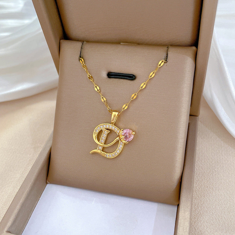 Collana con pendente a fiore geometrico dolce di lusso in acciaio al titanio con catena in rame e strass