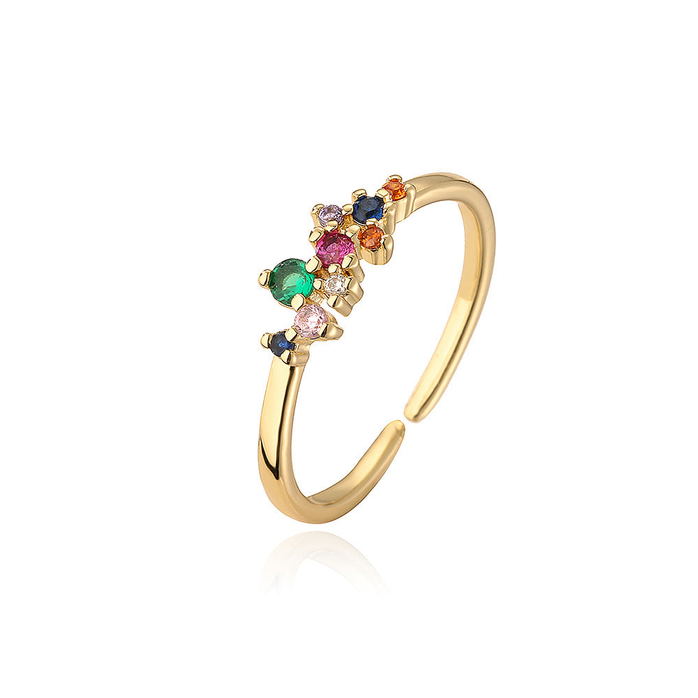 Minimalist Geometric Flower-Shaped Copper Ring with Real Gold Plating and Zircon Inlay for Women