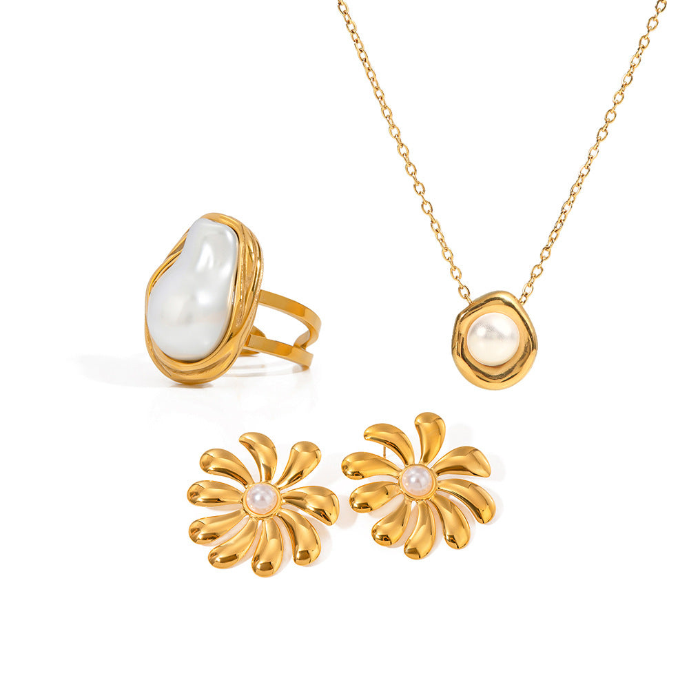 Elegant Geometric Round Stainless Steel Plated Necklace with Pearl Pendant for Women
