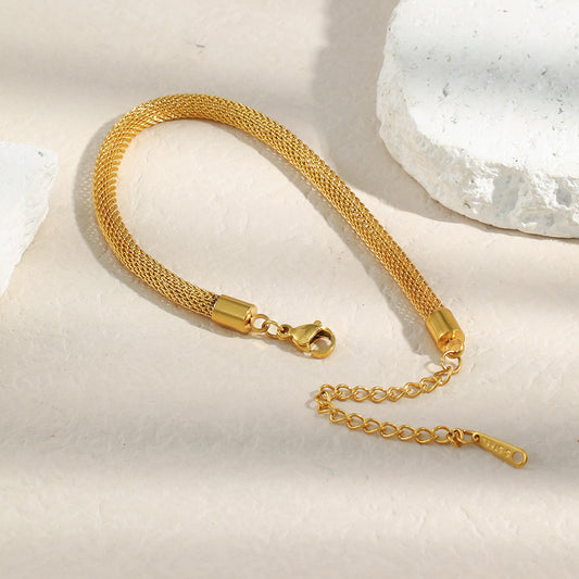 Minimalist Geometric Stainless Steel Vacuum Plated 18K Gold Tone Round Mesh Bracelet for Women