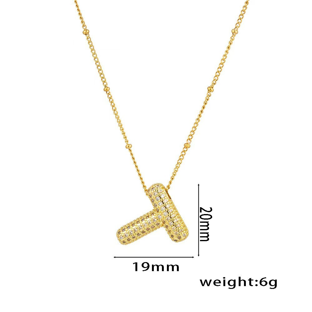 Collana con ciondolo a lettera in zirconi micro-pavé placcato oro 18 carati, catena di perline in acciaio inossidabile/acciaio al titanio, gioielli unisex alla moda per pendolari