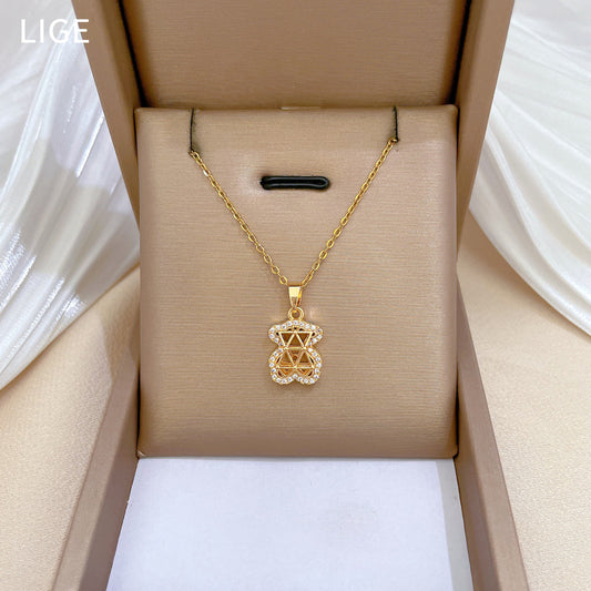 Luxury Hollow-Out Rhinestone Bear Pendant Necklace for Women Titanium Steel Delicate Clavicle Chain with Geometric Design