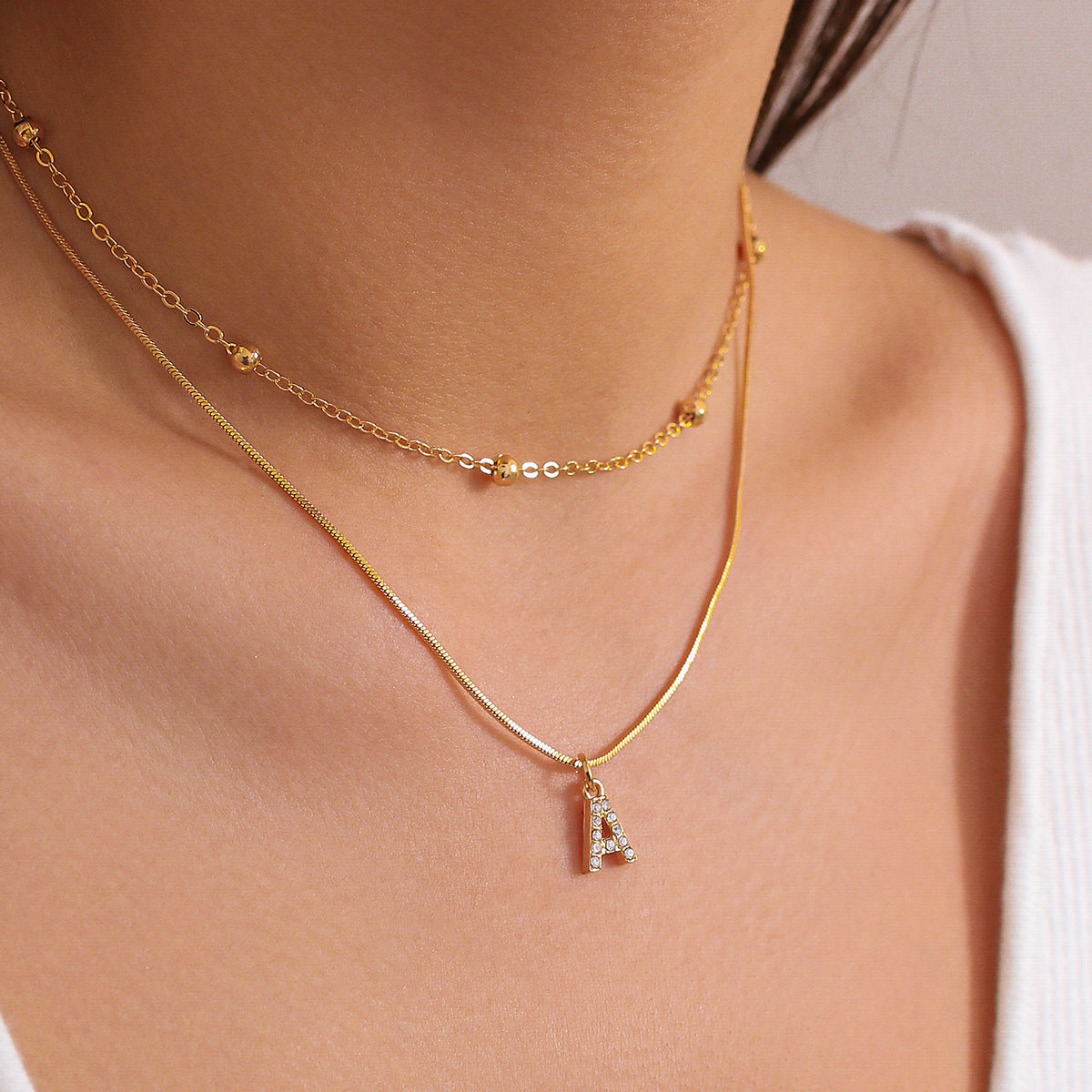 Minimalist Rhinestone Inlaid Letter Alloy Pendant Double Layer Snake Chain Necklace for Women