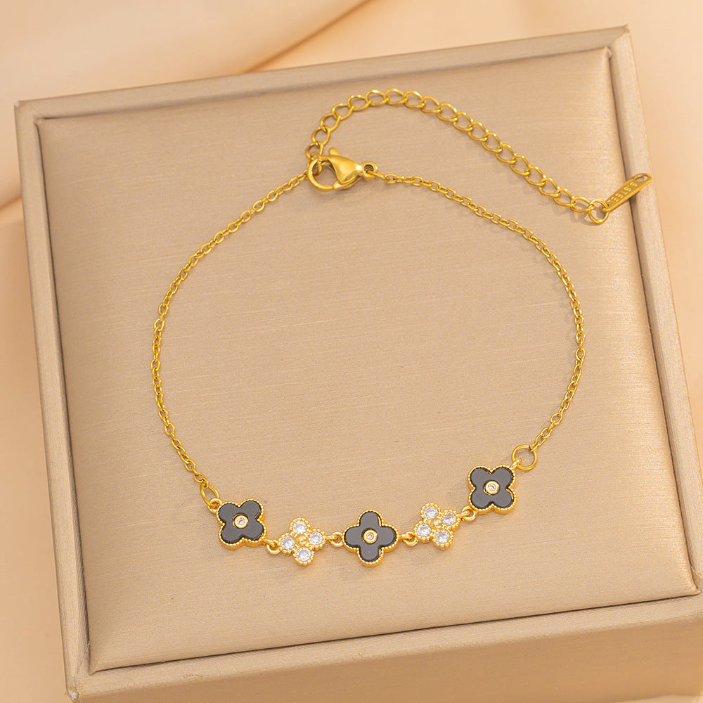 Luxury Minimalist Clover-Shaped Titanium Steel Necklace with Rhinestone Inlay for Women, Hypoallergenic Plated Clavicle Chain