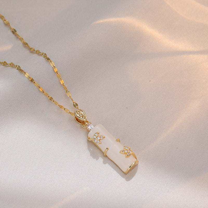 Minimalist Bamboo-Shaped Titanium Steel Pendant Necklace with Gold Plating, Geometric Design, O-Chain, Elegant Locket Style