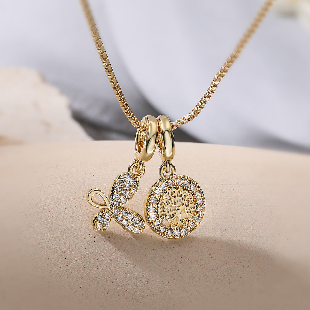 Minimalist 18K Gold Plated Brass Cubic Zirconia Butterfly Heart Pendant Necklace for Women
