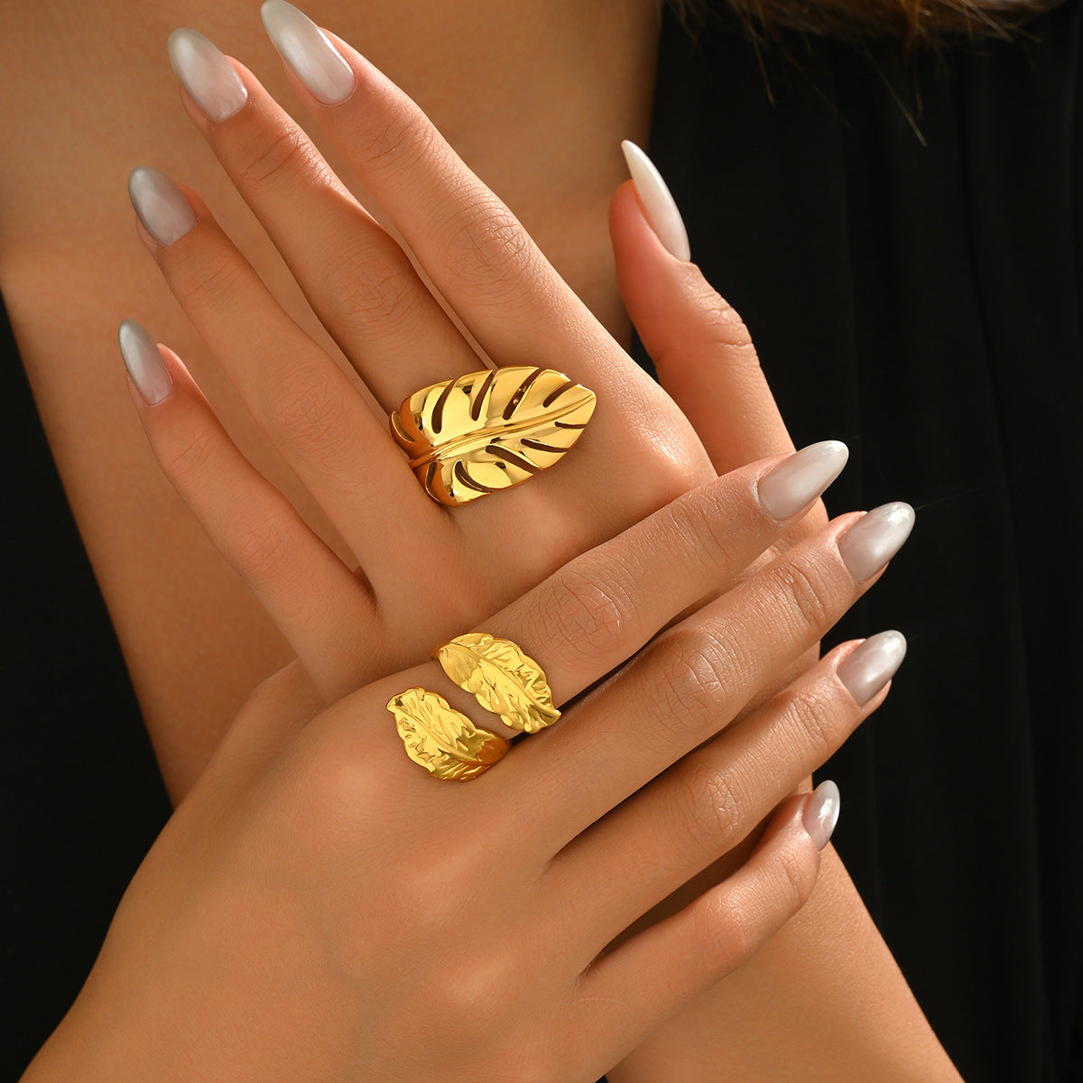 Juego de Anillos Abiertos Ajustables Diseño Hoja de Moda Bañado en Oro 18K Cobre Joyería Geométrica para Mujer