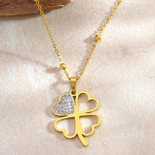 Elegant Rhinestone Inlaid Floral Stainless Steel Necklace for Women