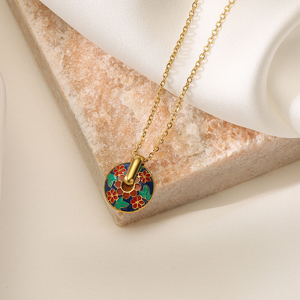 Minimalist Floral Geometric Pendant Necklace for Women in Titanium Steel with Enamel Finish