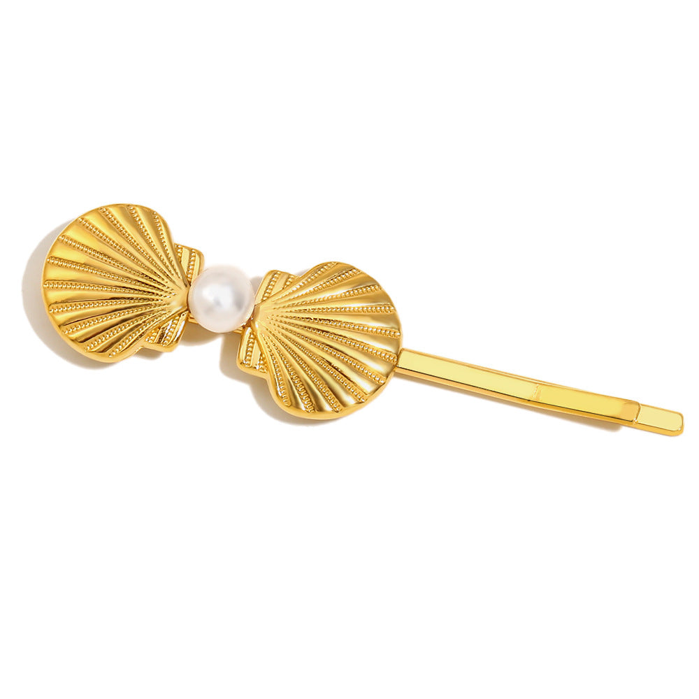 Fashionable Minimalist Starfish and Scallop Hair Clip for Women in Stainless Steel with 18K Gold Plating