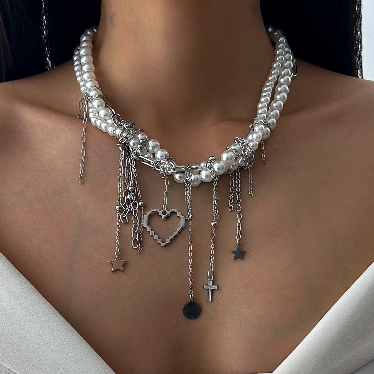 Minimalist Heart Geometric Pearl Pendant Plated Alloy Necklace with Tassel for Women