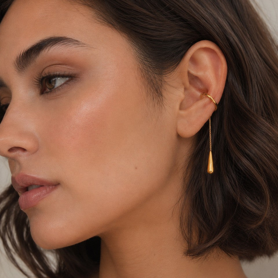 Minimalist Teardrop Stainless Steel PVD Plated C-Shaped Ear Cuff with Tassel Chain