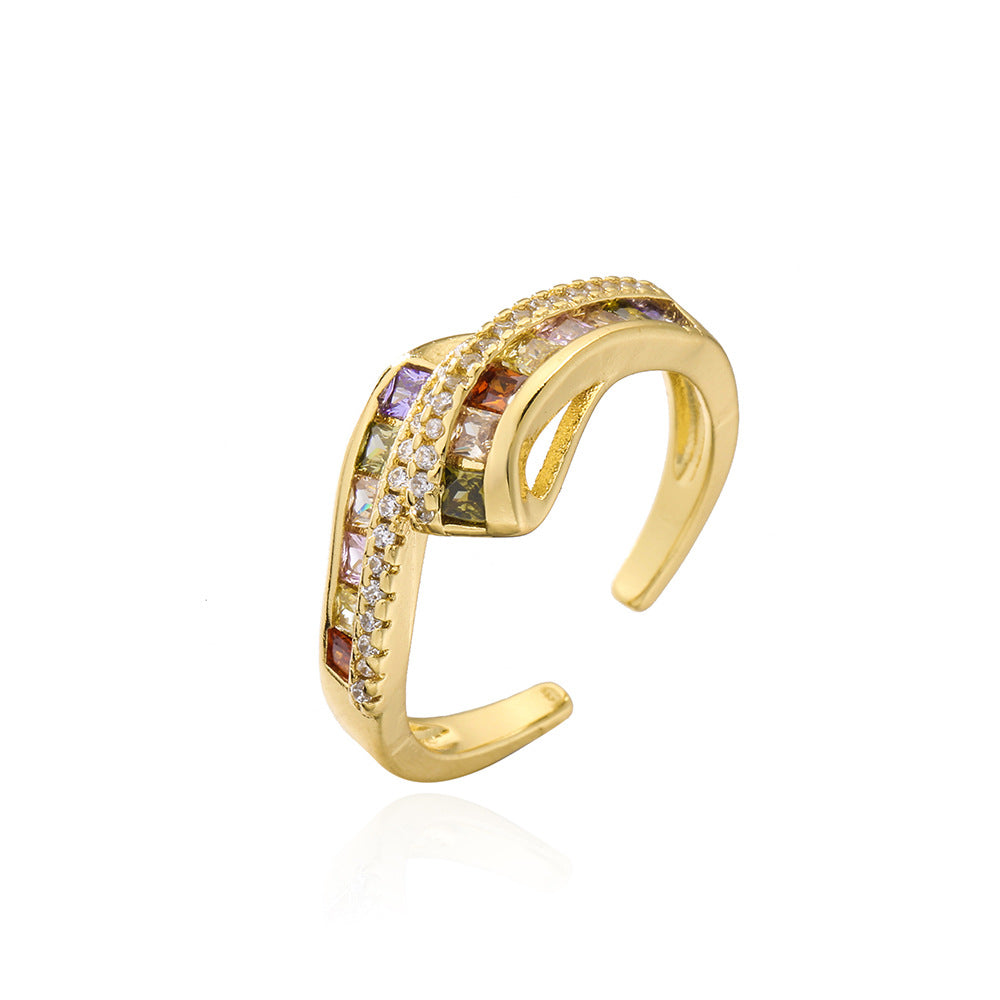 Anello Aperto Geometrico da Donna in Rame Placcato Oro 18K con Zirconi Colorati Micro-Incastonati