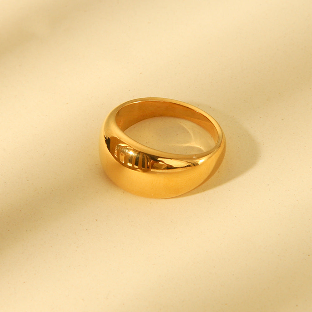 Anillo minimalista de acero de titanio geométrico con baño de oro de 18 quilates, banda curva lisa, diseño de cara ancha para mujer