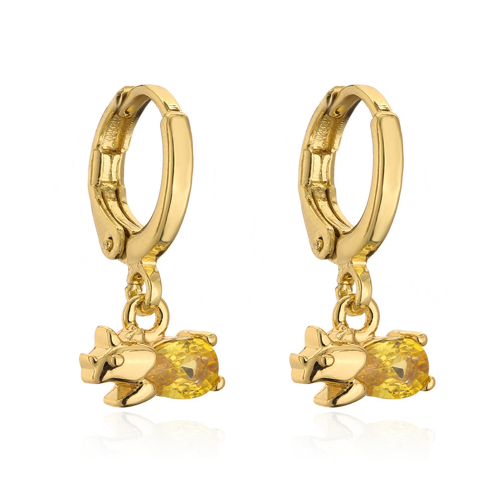 Cute Dinosaur-Shaped Earrings for Women with Copper Base and 18K Gold Plating, Micro-Paved Zirconia