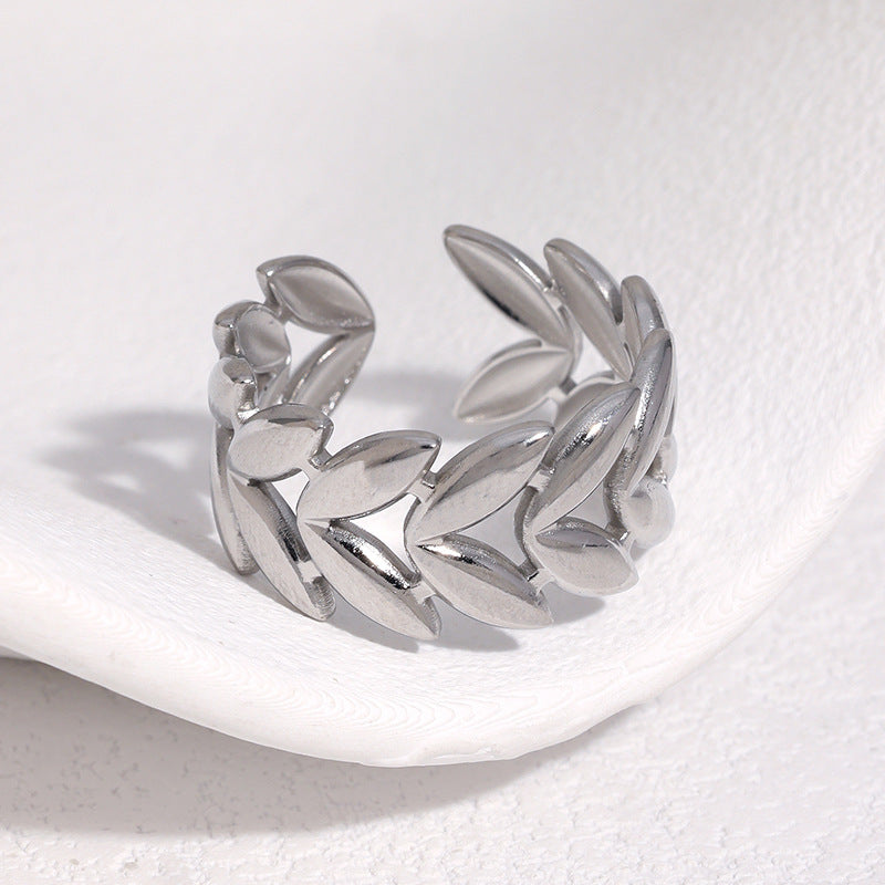 Minimalist Sweet Leaf Shape Gold Plated Stainless Steel Ring for Women