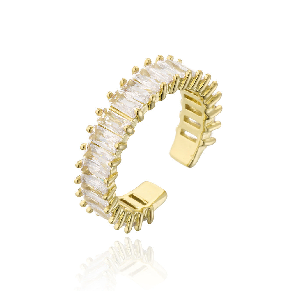 Anello Aperto da Donna di Lusso Minimalista in Rame Placcato Oro 18K con Zirconi Micro-Incastonati a Forma Geometrica Irregolare