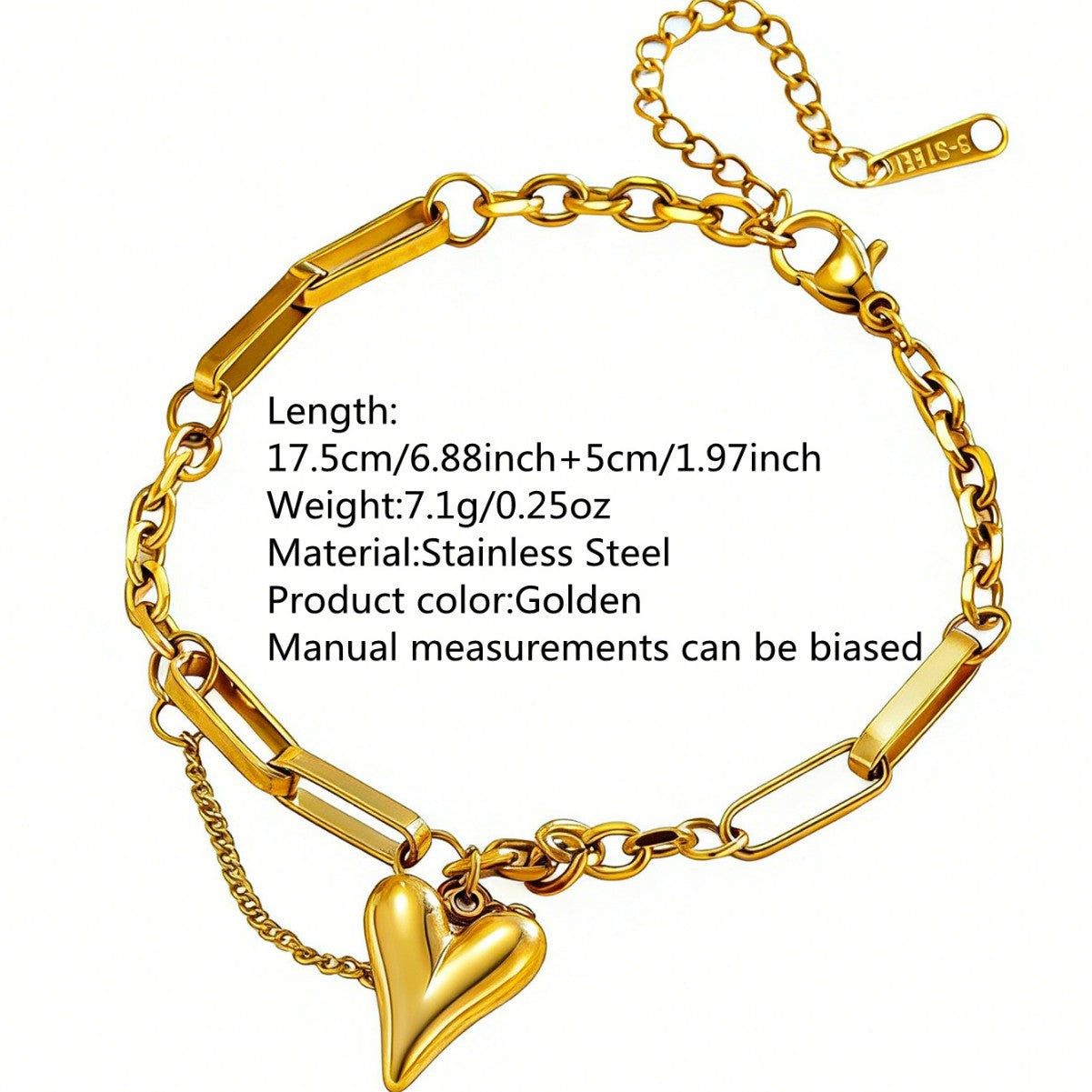 Bracciale da donna a catena in acciaio inossidabile e titanio placcato oro 18 carati vintage con cuore