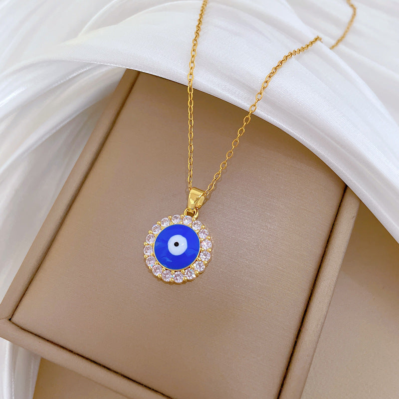 Sweet Round Rhinestone Evil Eye Pendant Necklace Titanium Steel Cable Chain for Unisex