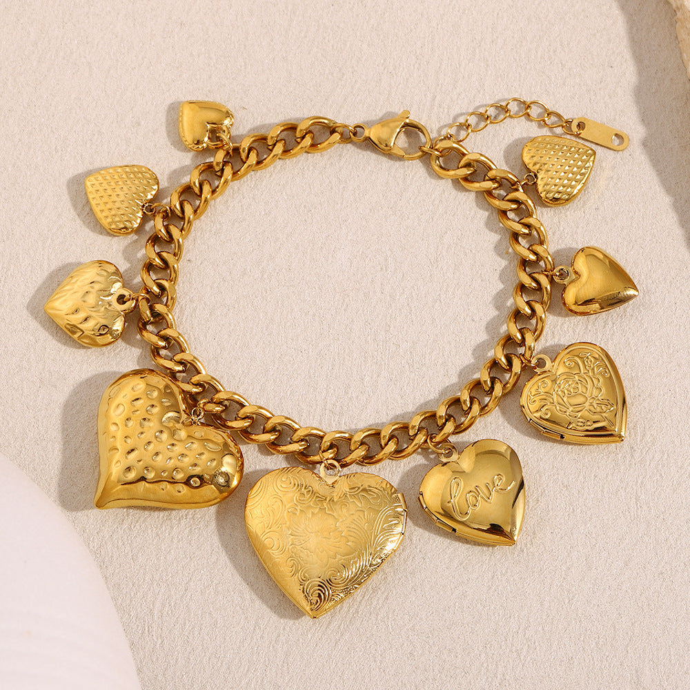 Fashionable Vintage Heart-Shaped Stainless Steel Plated 18K Gold Love Box Bracelet for Women