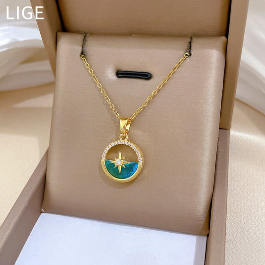 Sweet Geometric Star Moon Rhinestone Plated Titanium Steel Necklace with Brass Pendant Cable Chain for Unisex