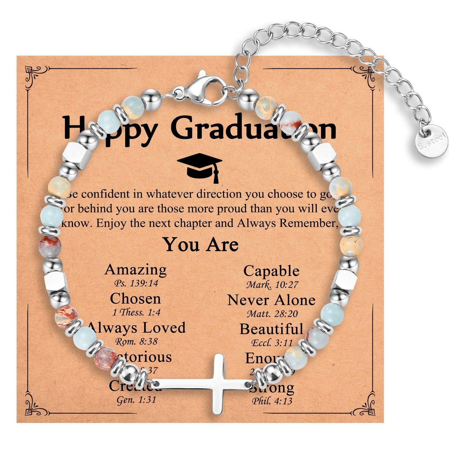 4mm Natural Stone Blue Shoushan Stainless Steel Cross Pendant Adjustable Bracelet