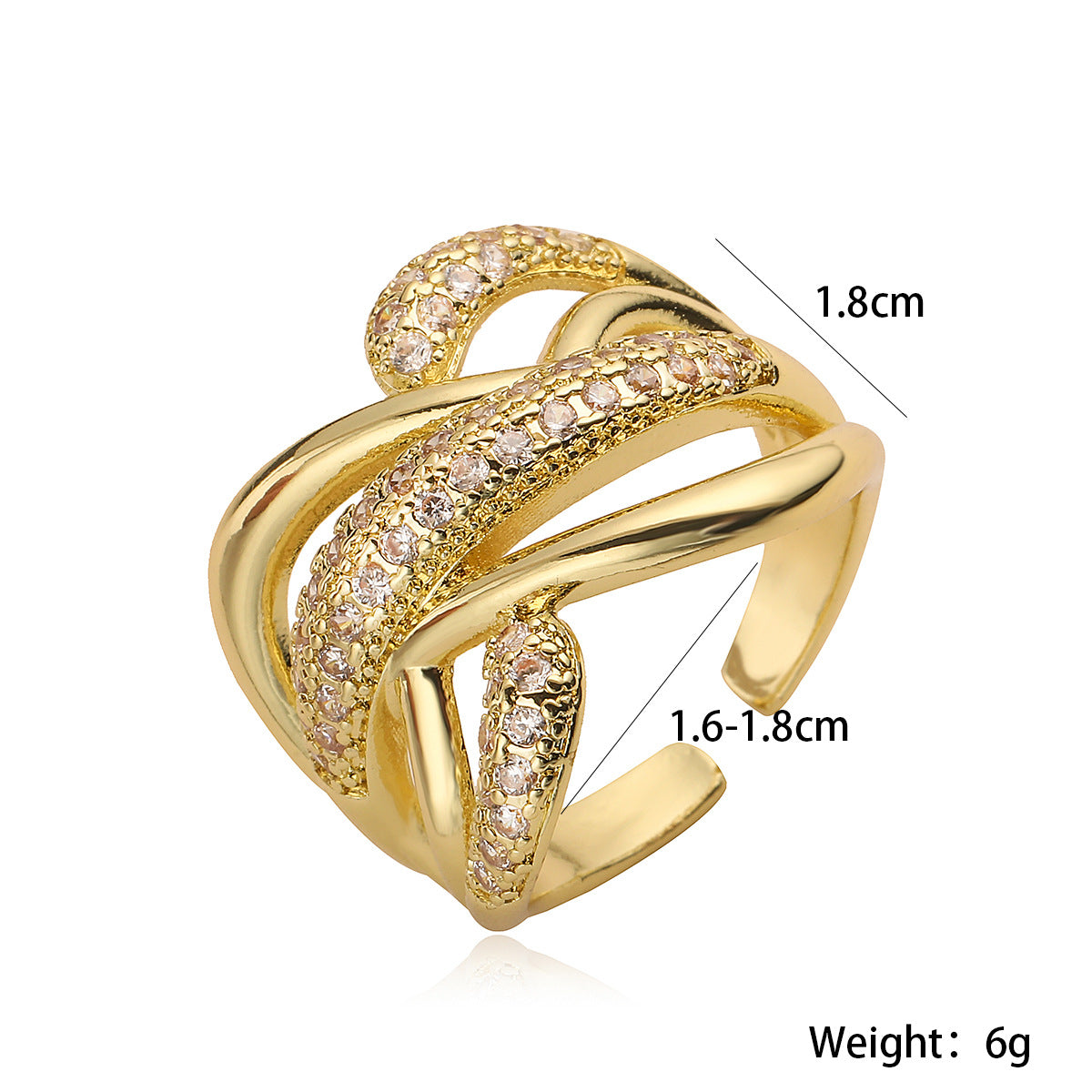 Anello da donna irregolare geometrico in rame placcato oro 18 carati con intarsio di zirconi