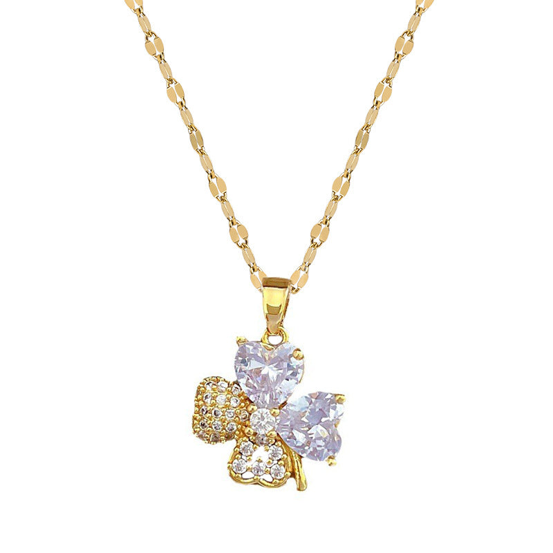 Luxury Titanium Steel Four-Leaf Clover Pendant Necklace and Earrings Set with Full Rhinestone Inlay for Women Formal Events