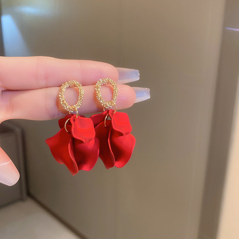 Elegant Geometric Dangle Stud Earrings for Women with Red Tassels, Alloy Base and Gold Plated Finish