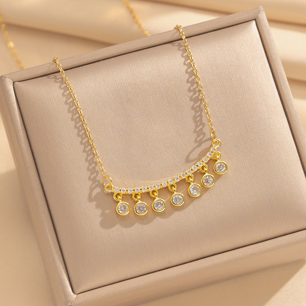 Minimalist Light Luxury Round Rainbow Zircon Geometric Pendant 18K Gold Plated Copper and Titanium Steel O Chain Necklace for Women