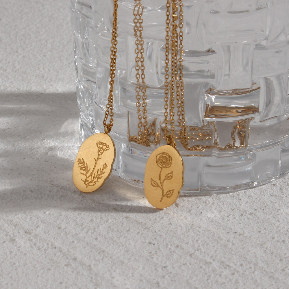 Abstract Irregular Oval Floral Pendant Necklace for Women in Stainless Steel with Electroplated Finish