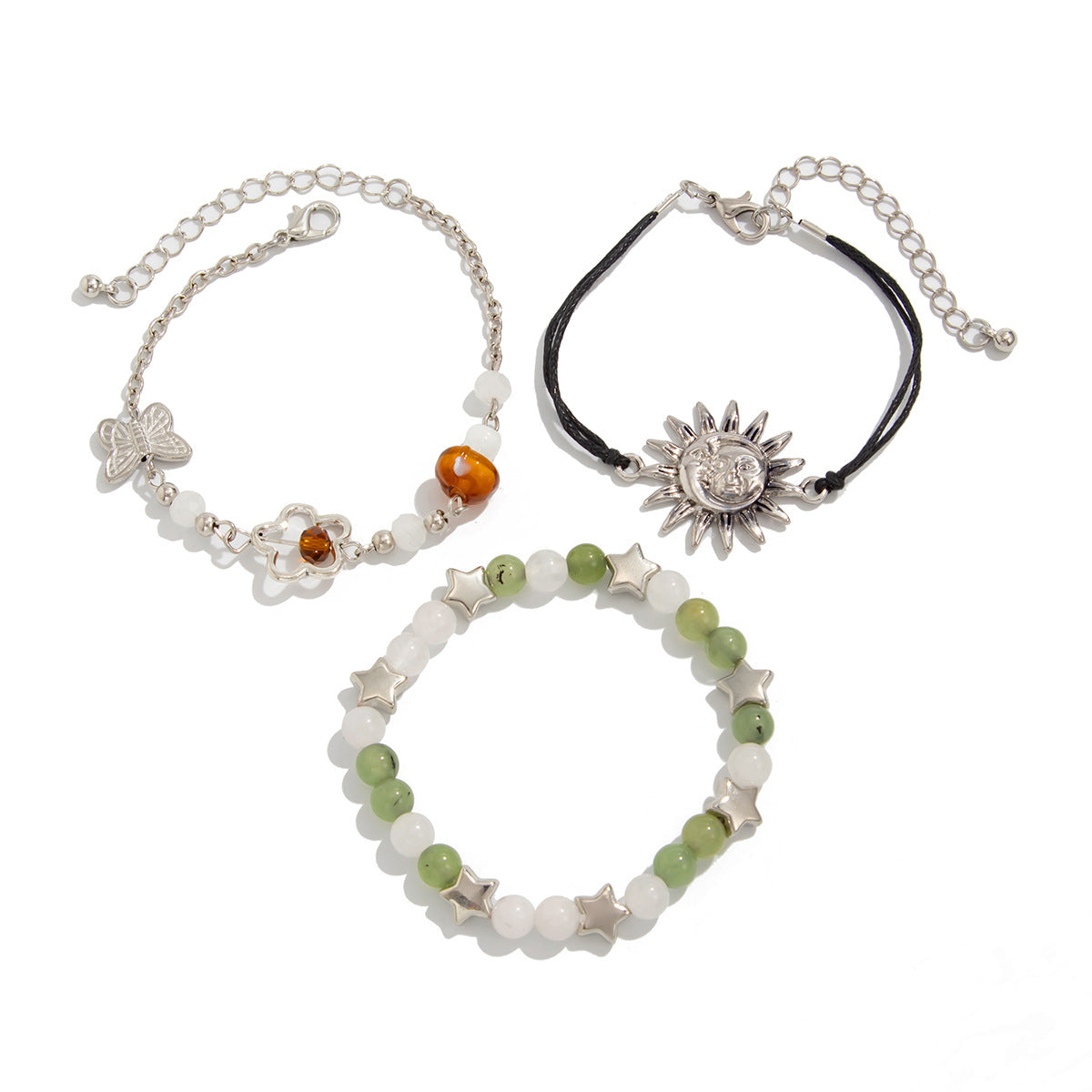 Vintage Ethnic Star-Shaped Alloy Bracelet for Women with Butterfly Mushroom and Botanical Motifs Natural Sun and Star Accents Handmade