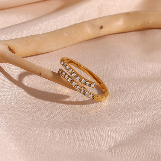 Minimalist Geometric Stainless Steel Gold-Plated Adjustable Ring with Clear Zirconia