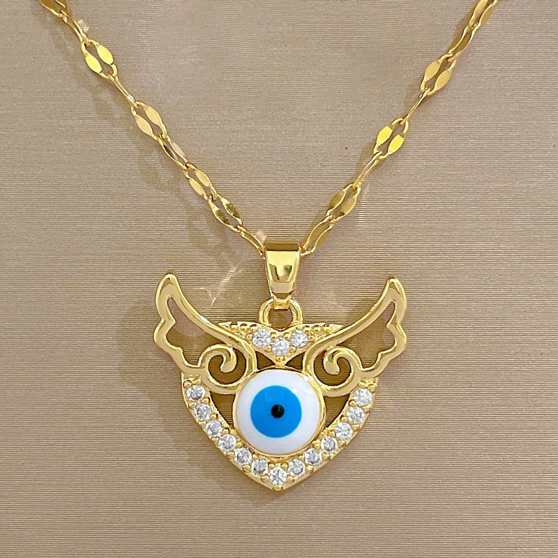 Collana girocollo di lusso a cuore e ali da donna in acciaio al titanio con finitura placcata, design geometrico, motivo luna, catena delicata