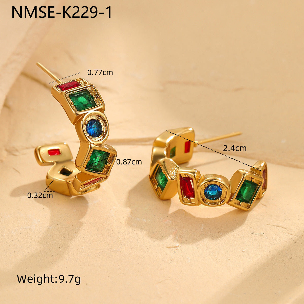 Vintage French-Style Geometric Stainless Steel Earrings with 18K Gold Plating and Colored Zircon Accents