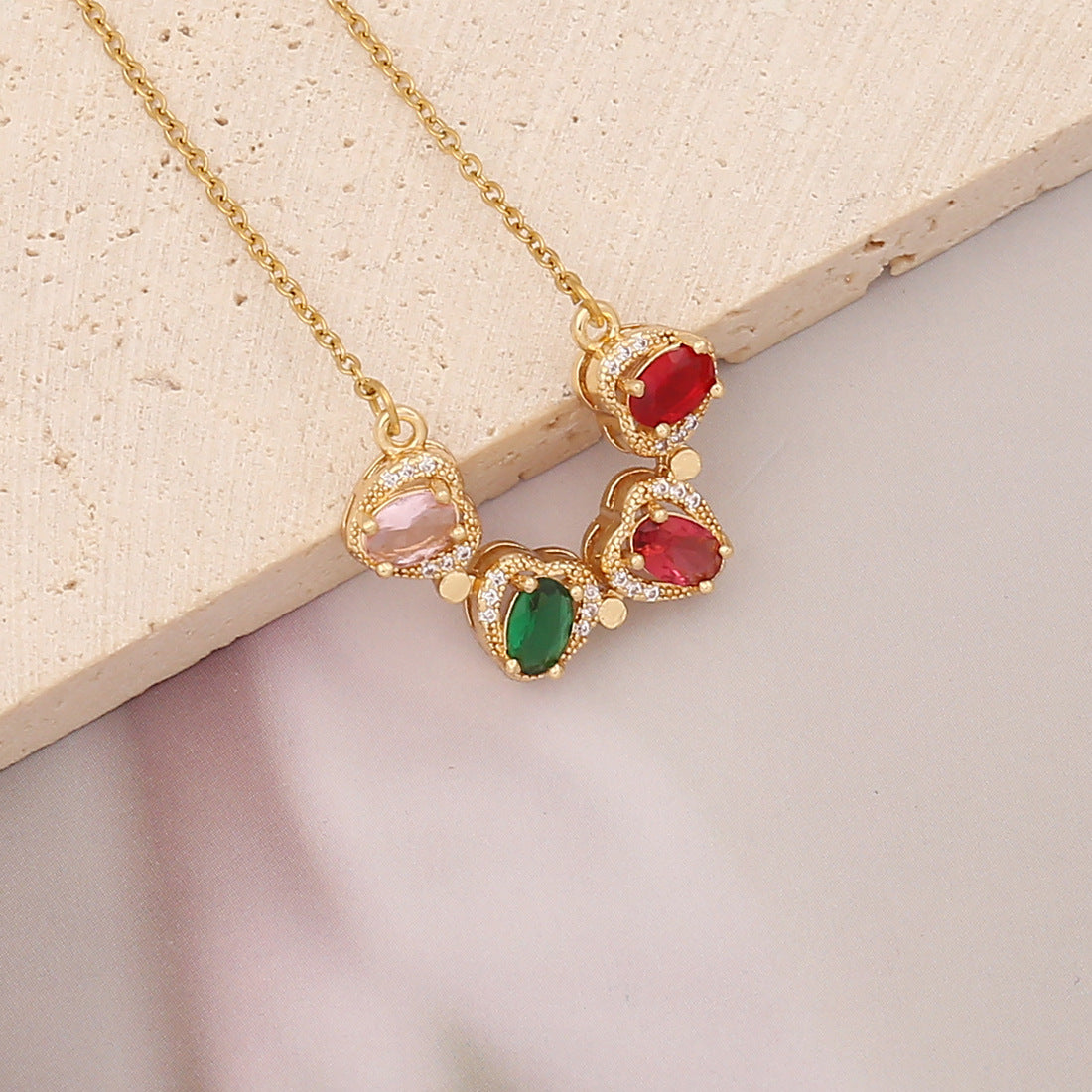 Elegant Brass Plated Leaf Heart Pendant Necklace with Cubic Zirconia Inlay