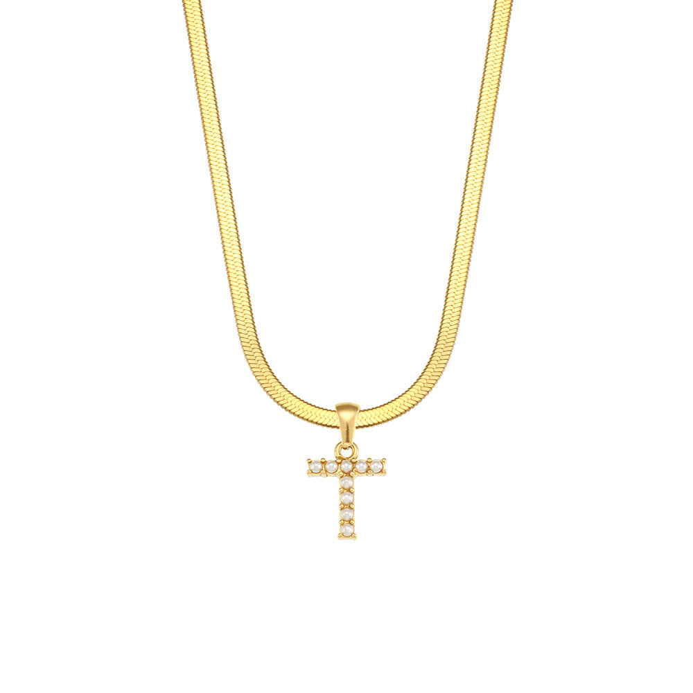 Fashionable Letter Pendant Necklace for Women Stainless Steel Plated 18K Gold Flat Snake Chain with Pearl Accent