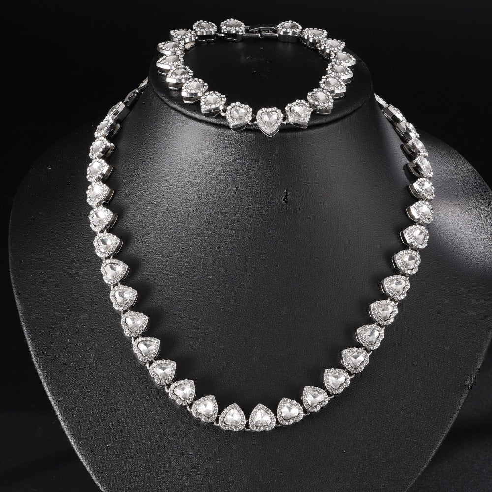 Luxury Heart Shape Brass Cuban Link Chain Necklace Set with Cubic Zirconia Inlay for Unisex