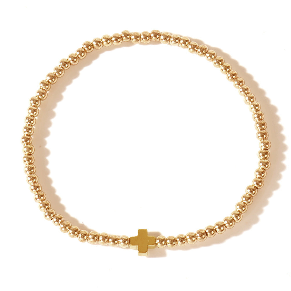Bohemian Gold Plated Cross and Round Agate Bracelet Set Unisex Handmade Jewelry
