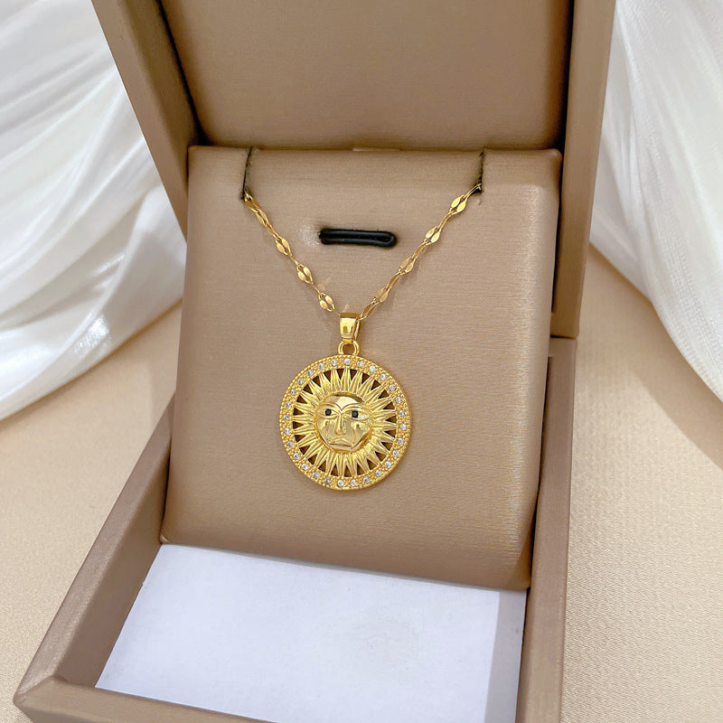 Collana pendente a girasole geometrico minimalista in acciaio al titanio con accenti di strass per uomo e donna