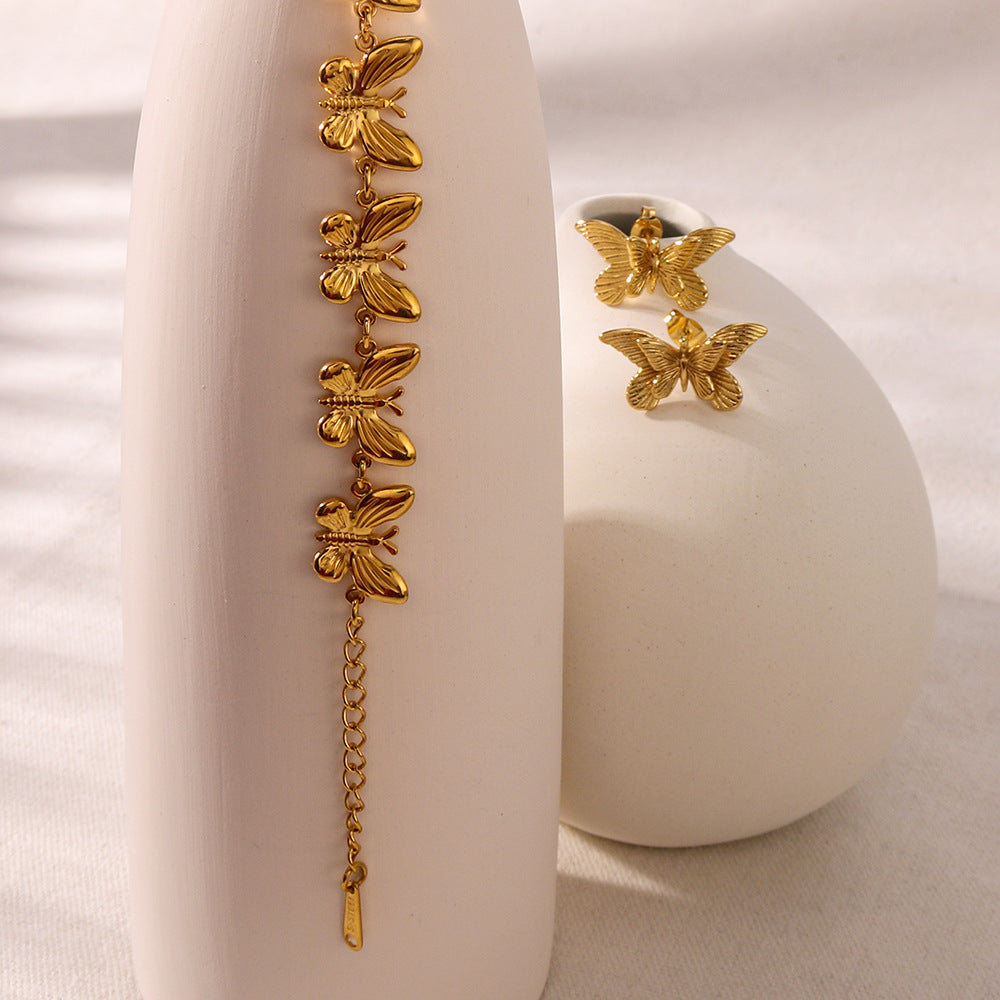 Vintage Style Butterfly-Shaped Stainless Steel Bracelet and Earrings Set with 18K Gold Plating Minimalist Luxury Jewelry