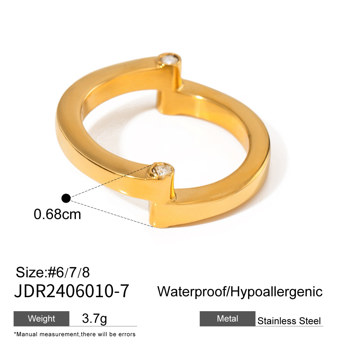 Minimalist 18K Gold Plated Stainless Steel Asymmetric Rhinestone Ring