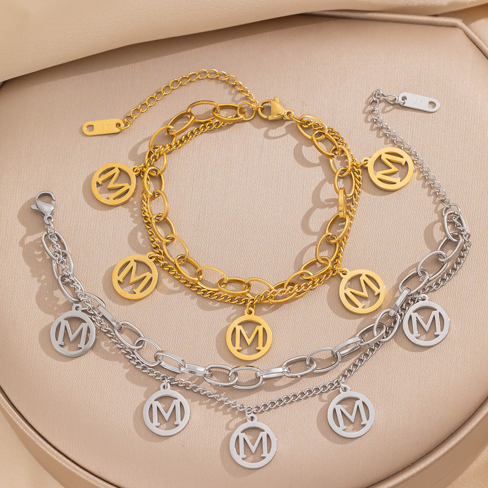 Minimalist Letter M Double-Layer Titanium Steel Bracelet for Women with Electroplated Finish